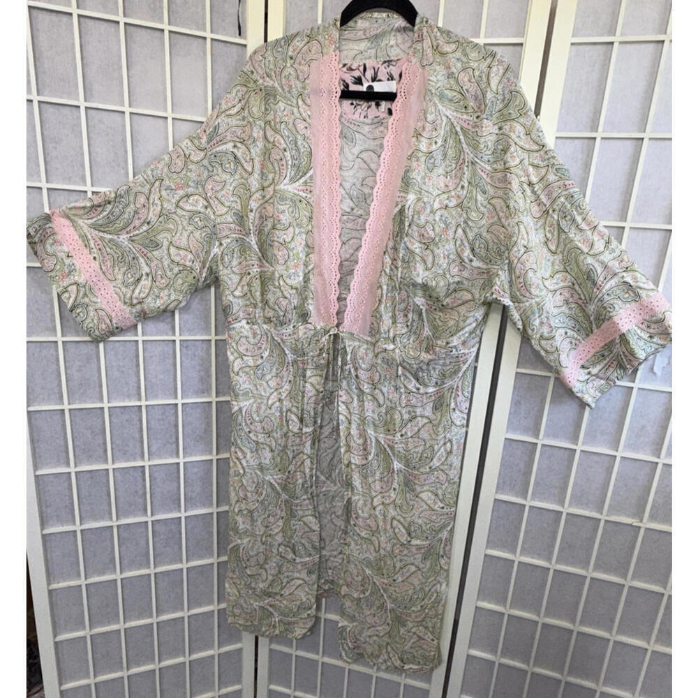 Anthropologie Floreat Floral Kimono Empire Waist Robe Tie Duster Lounge Lace Med